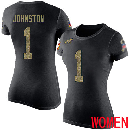 Women Philadelphia Eagles #1 Cameron Johnston Black Camo Salute to Service NFL T Shirt